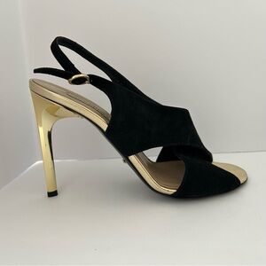 Diane Von Furstenberg Vick Heels Sandal Black Suede Gold Sculpted Heel Size 6.5